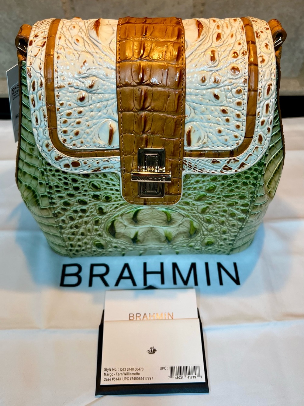 Brahmin Green and White Croc-Embossed Satchel with Gold Hardware - Picture 13 of 13